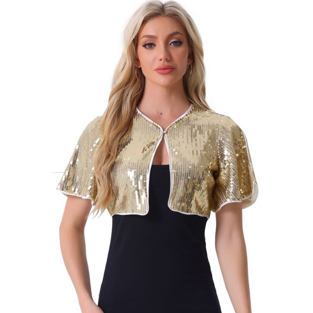 Sequin Jacket Flared Sleeve Sparkly Bolero Crop Glitter Shrug Light Gold